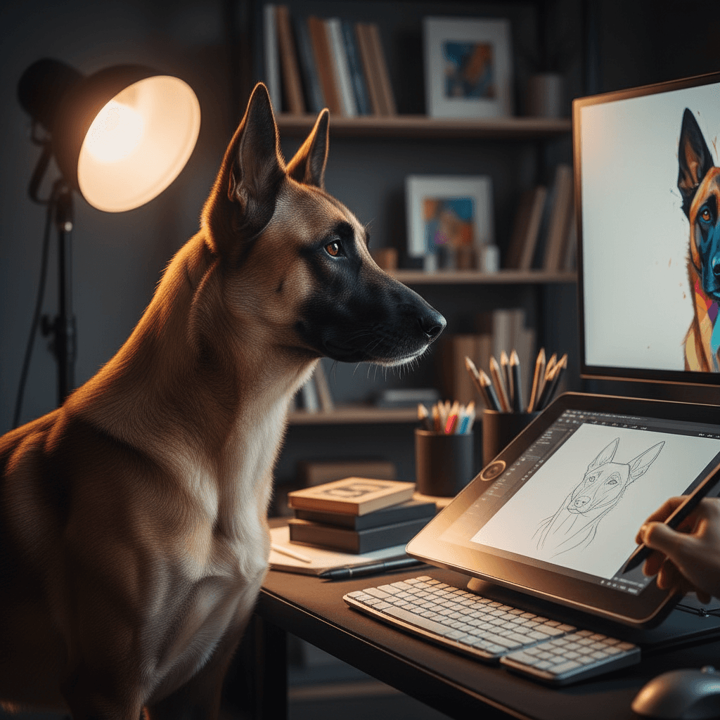 Belgian Malinois profile with artist's tablet and stylus in a digital art studio