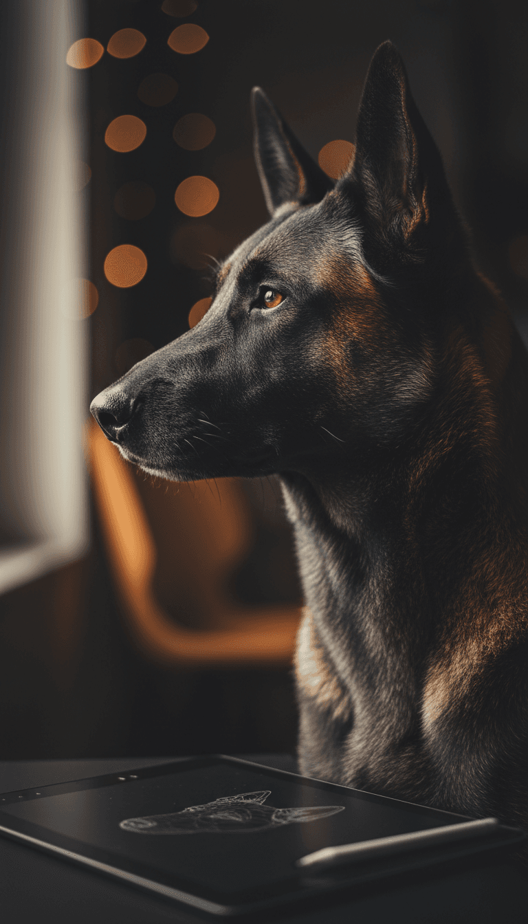 Belgian Malinois dog profile with artist's tablet and stylus in foreground