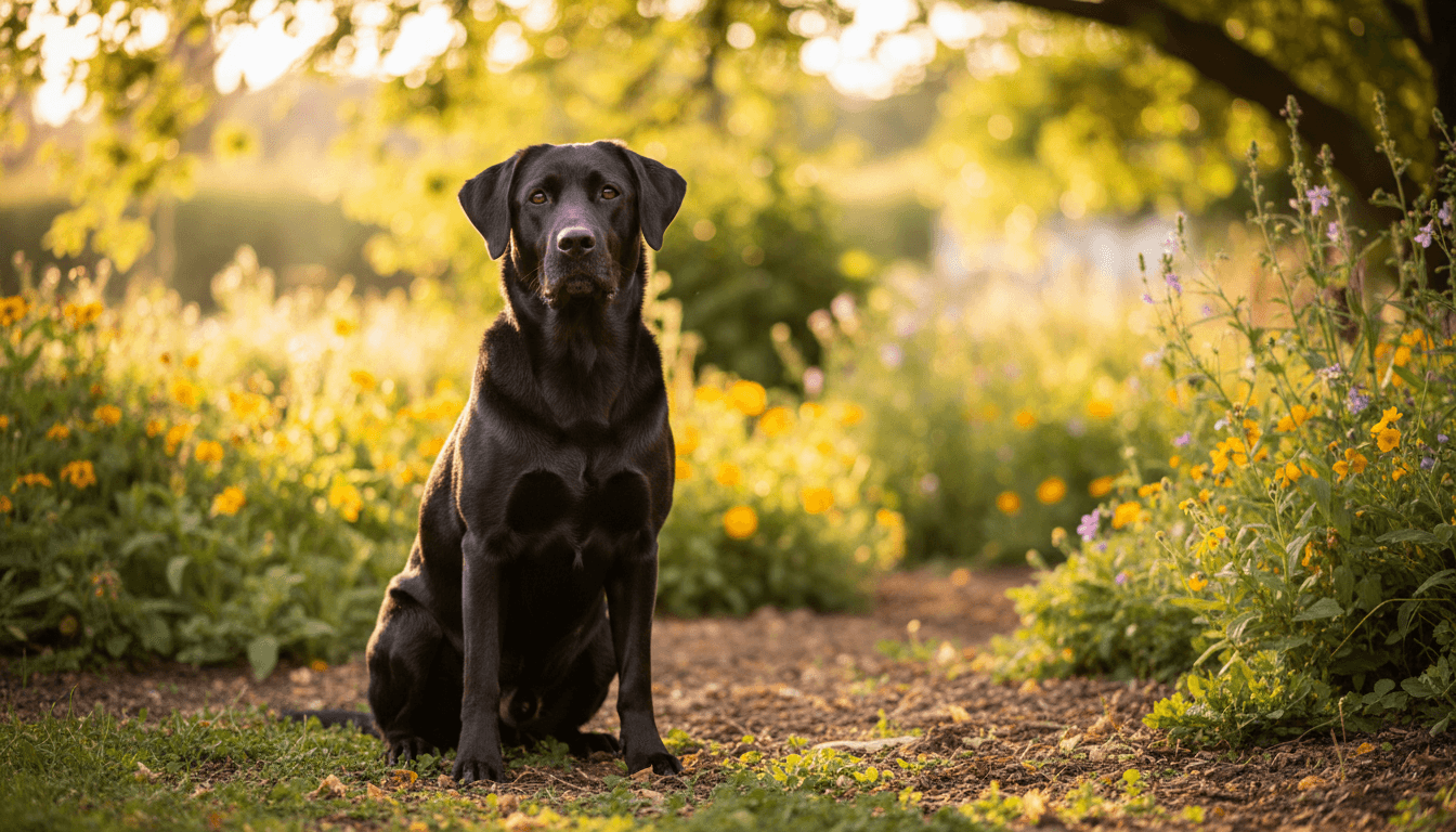 Belgian Malinois dog sitting on a deck in golden afternoon light, with art tools visible behind it