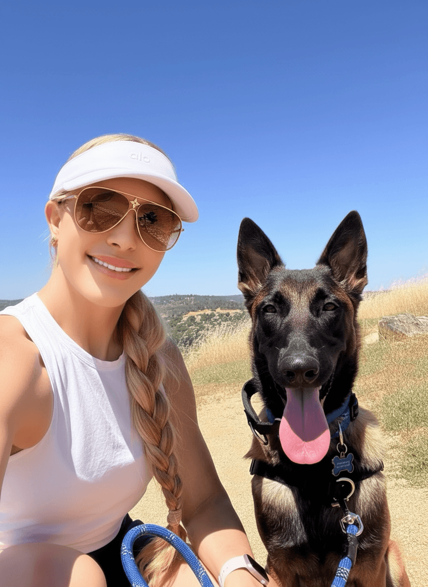 Smiling woman in a white visor with her Belgian Malinois dog on a sunny trail.